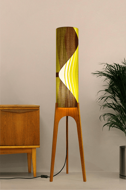 Ellis - Handcrafted wooden Rocket floor lamp with a unique design, handmade lampshade from 70's vintage fabric in vibrant lime, olive green and earthy brown.