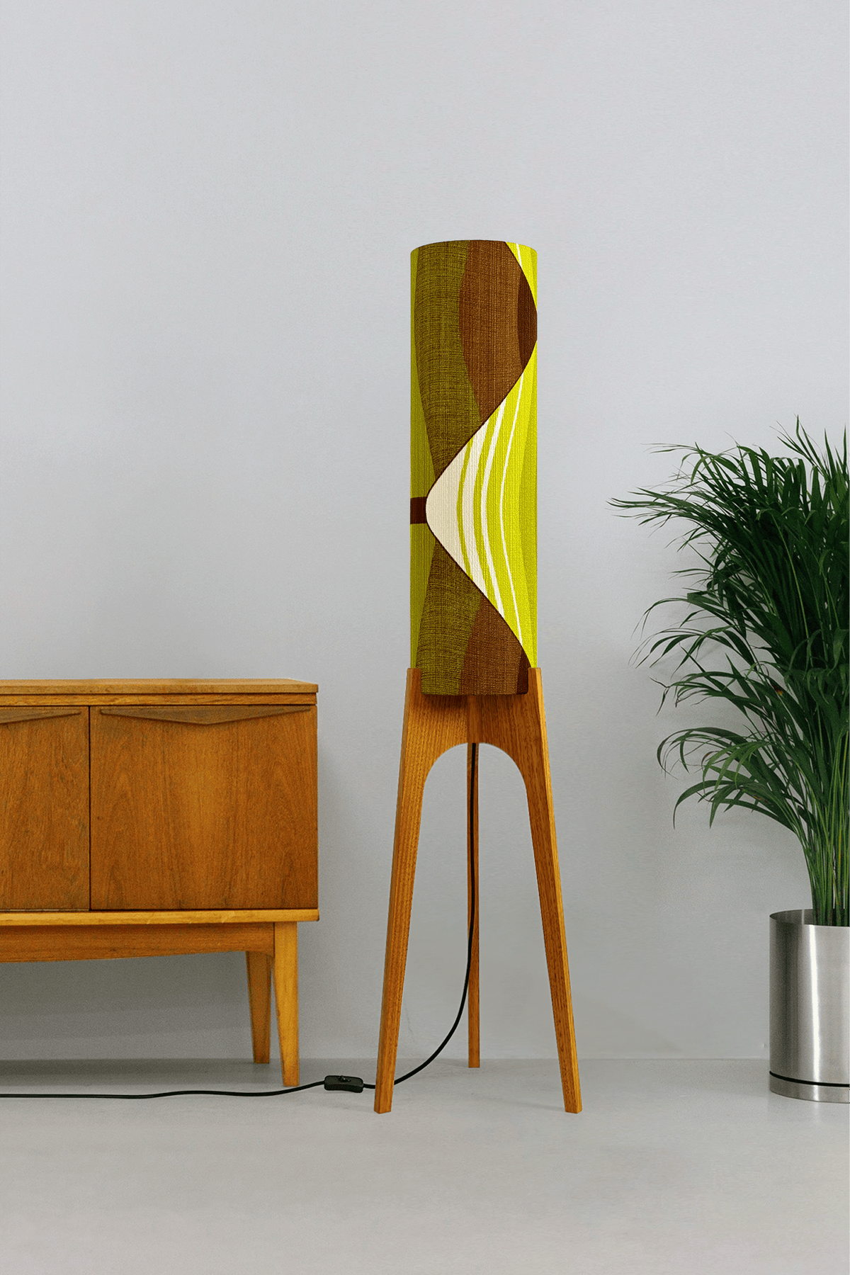 Ellis - Handcrafted wooden Rocket floor lamp with a unique design, handmade lampshade from 70's vintage fabric in vibrant lime, olive green and earthy brown.