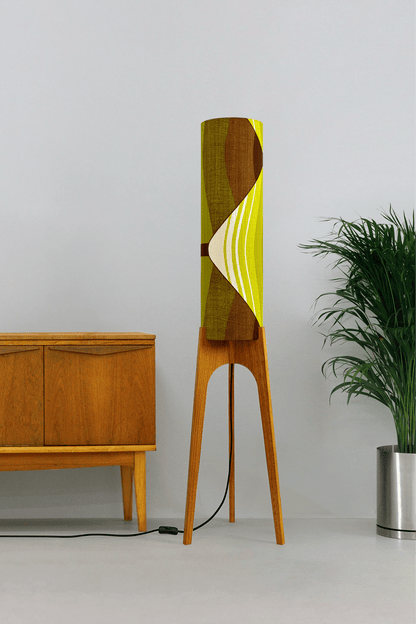 Ellis - Handcrafted wooden Rocket floor lamp with a unique design, handmade lampshade from 70's vintage fabric in vibrant lime, olive green and earthy brown.