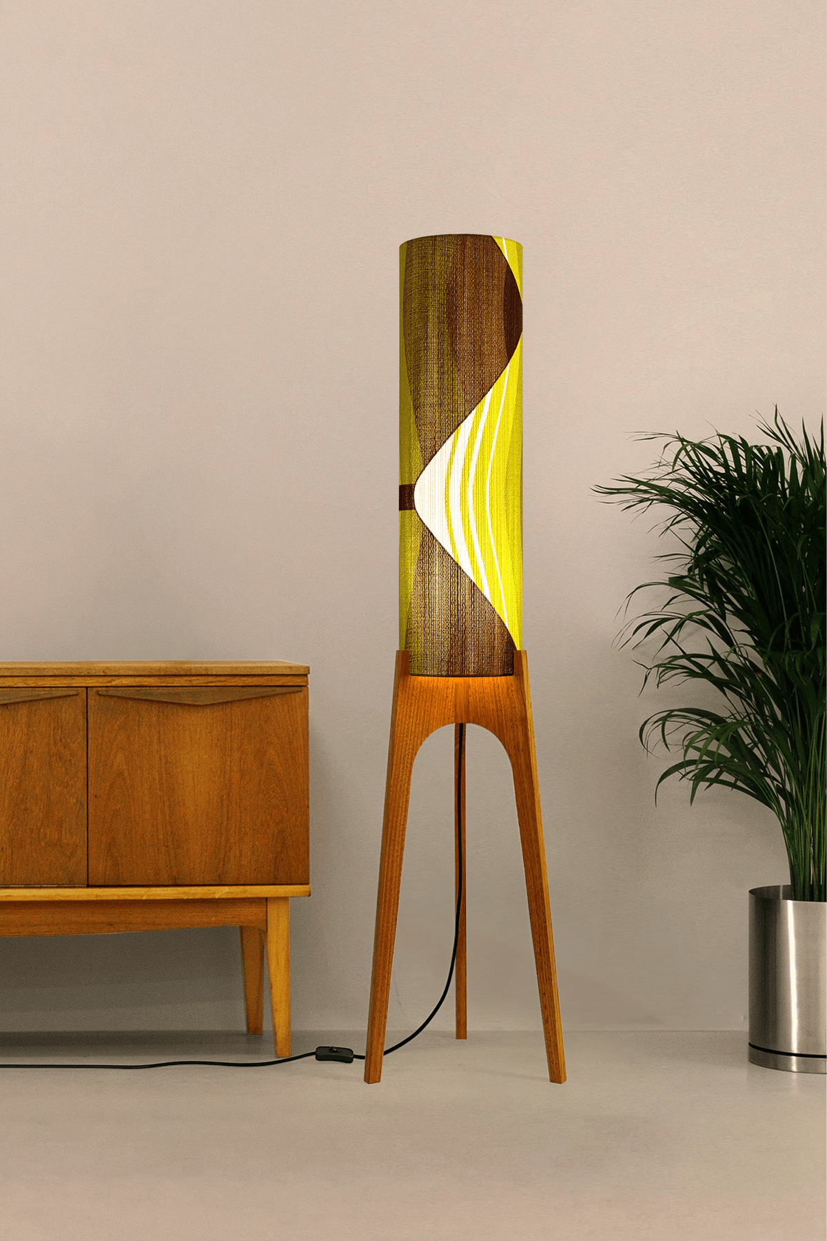 Ellis - Handcrafted wooden Rocket floor lamp with a unique design, handmade lampshade from 70's vintage fabric in vibrant lime, olive green and earthy brown.