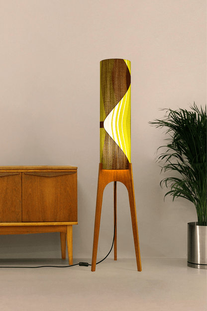 Ellis - Handcrafted wooden Rocket floor lamp with a unique design, handmade lampshade from 70's vintage fabric in vibrant lime, olive green and earthy brown.
