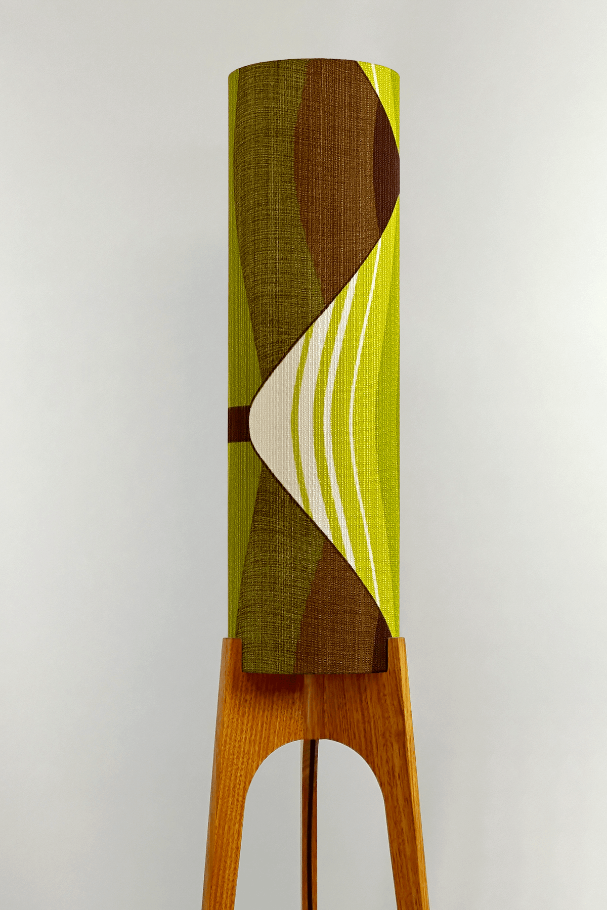 Ellis - Handcrafted wooden Rocket floor lamp with a unique design, handmade lampshade from 70's vintage fabric in vibrant lime, olive green and earthy brown.