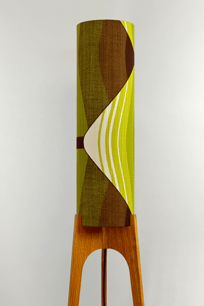 Ellis - Handcrafted wooden Rocket floor lamp with a unique design, handmade lampshade from 70's vintage fabric in vibrant lime, olive green and earthy brown.