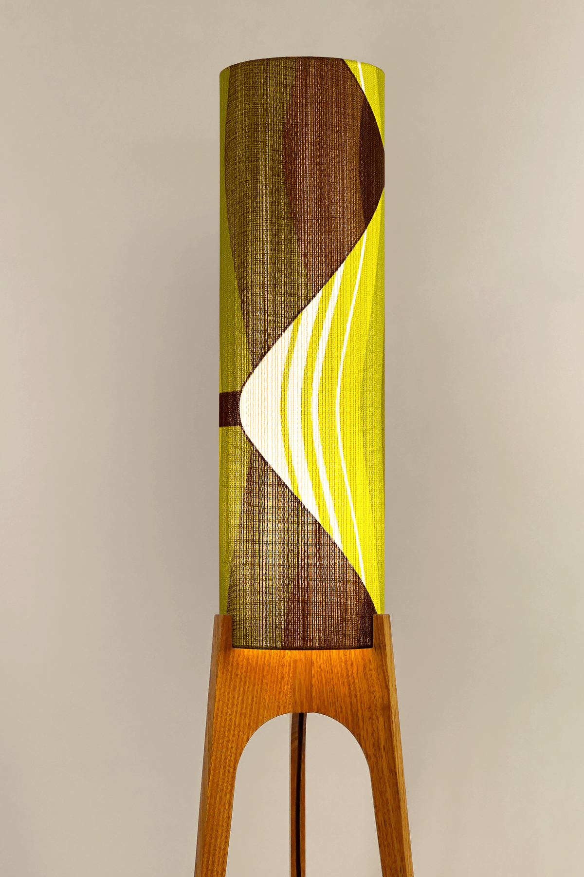 Ellis - Handcrafted wooden Rocket floor lamp with a unique design, handmade lampshade from 70's vintage fabric in vibrant lime, olive green and earthy brown.