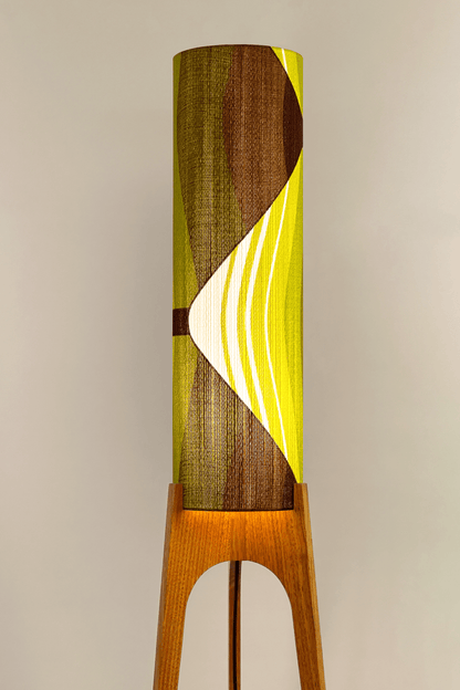 Ellis - Handcrafted wooden Rocket floor lamp with a unique design, handmade lampshade from 70's vintage fabric in vibrant lime, olive green and earthy brown.