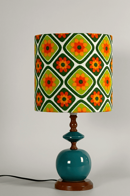 Emearld Bliss handmade lampshade with a colorful geometric pattern with a ceramic vintage lamp