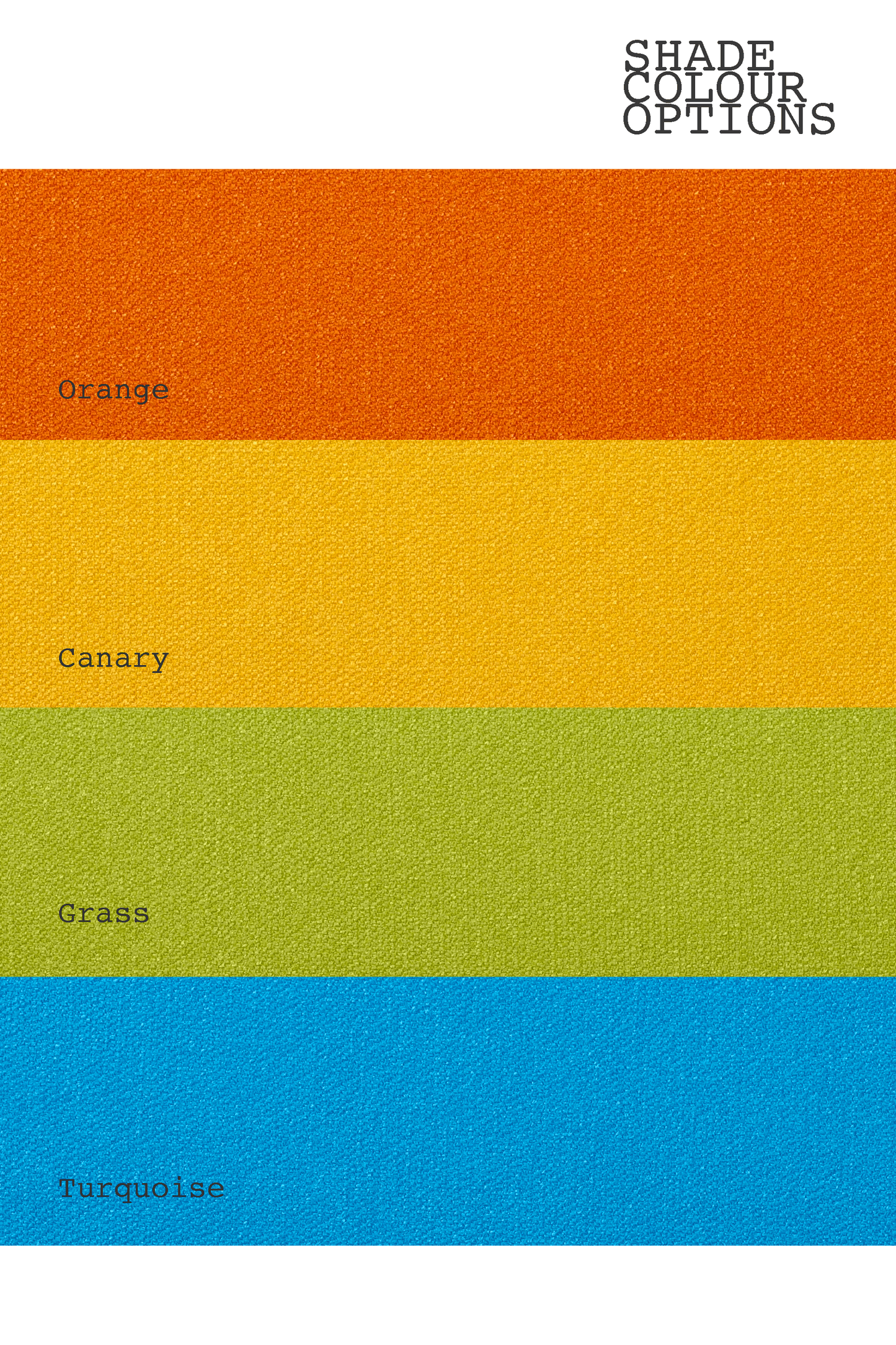 Color swatches labeled 'Orange', 'Canary', 'Grass', and 'Turquoise' on a white background.