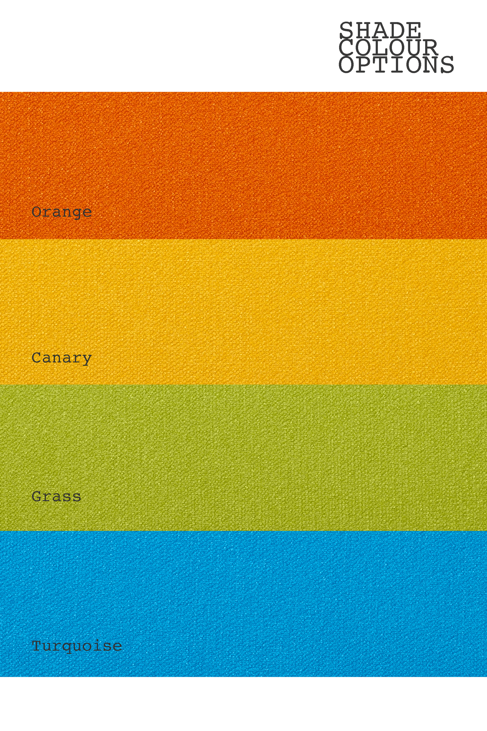 Color swatches labeled 'Orange', 'Canary', 'Grass', and 'Turquoise' on a white background.