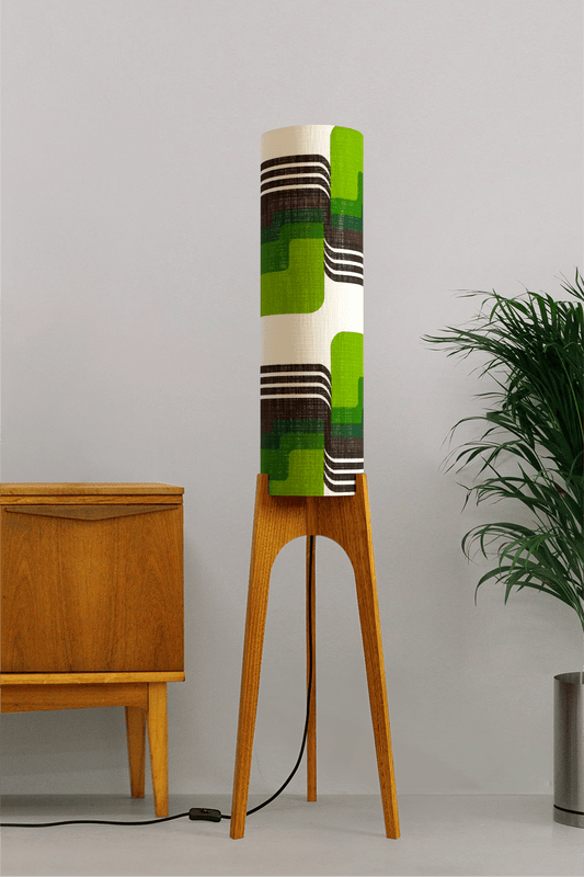 Fern - Archie Rocket floor lamp with handmade wooden base and handcrafted lampshade from vintage fabric with retro geometric patterns in green, brown, and white.