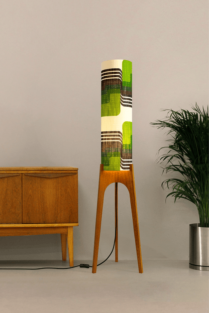 Fern - Archie Rocket floor lamp with handmade wooden base and handcrafted lampshade from vintage fabric with retro geometric patterns in green, brown, and white.