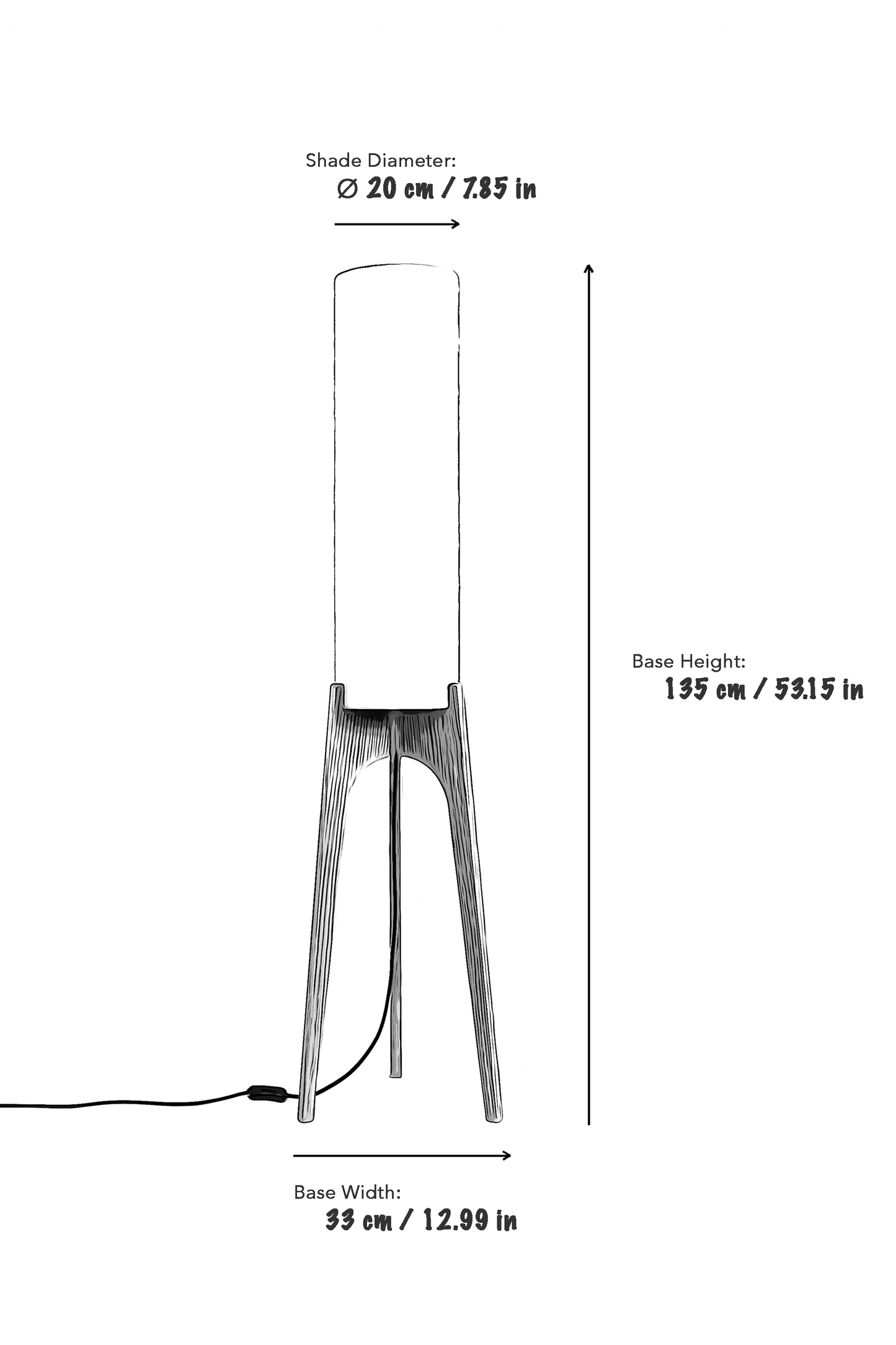 Archie Rocket Floor Lamp Dimensions - Lamp Type: Floor Lamp / Standing Lamp Lamp Height: 135 cm / 53.15 inches Lamp Width: 33 cm / 12.99 inches Lampshade Diameter: 20 cm / 7.85 inches