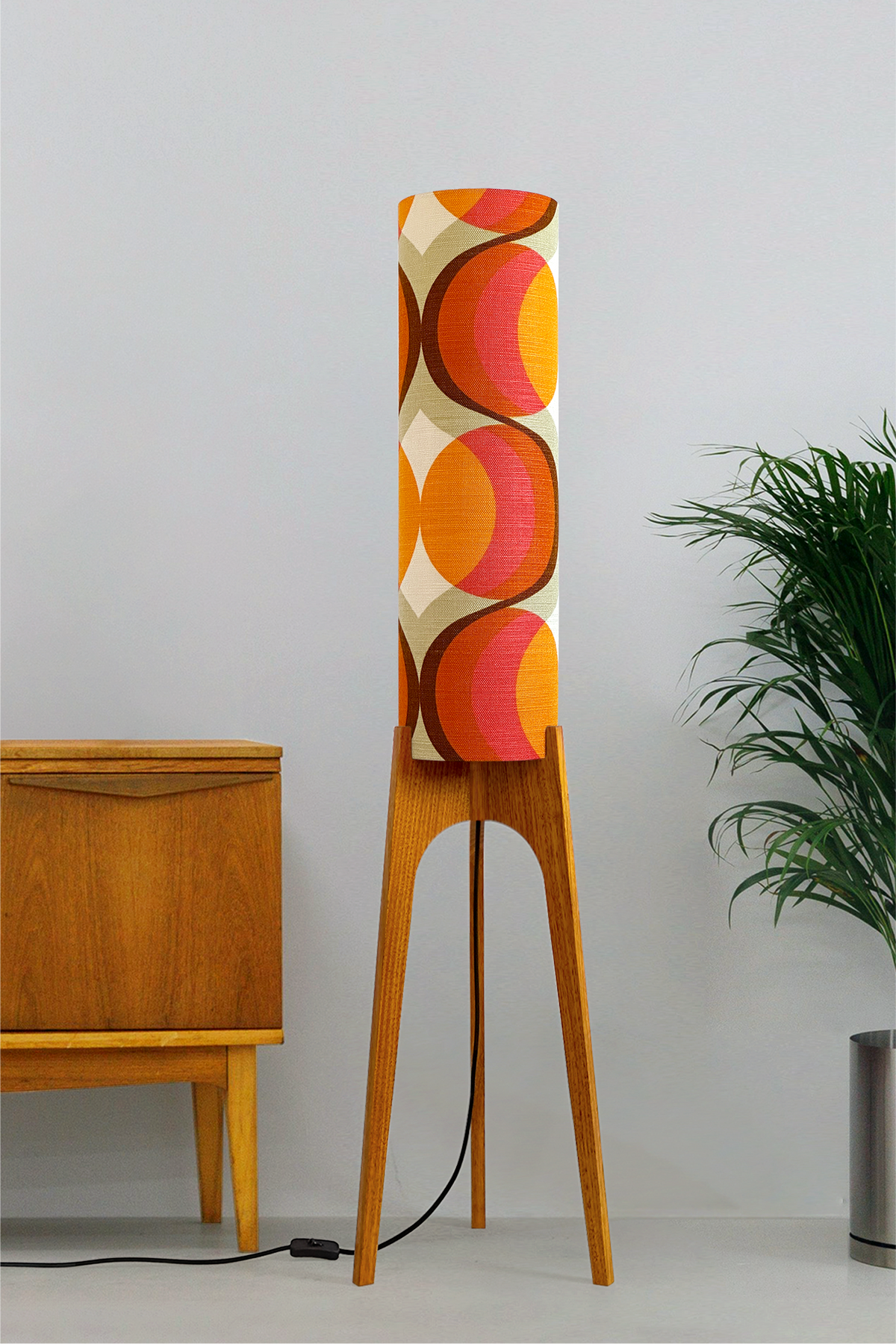 Gigi - Handcrafted wooden Rocket floor lamp with a unique design, handmade lampshade from 70's vintage fabric in Orange, Pink & Brown