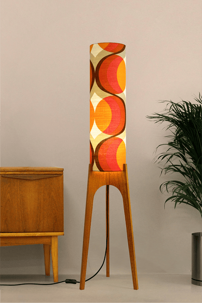 Gigi - Handcrafted wooden Rocket floor lamp with a unique design, handmade lampshade from 70's vintage fabric in Orange, Pink & Brown