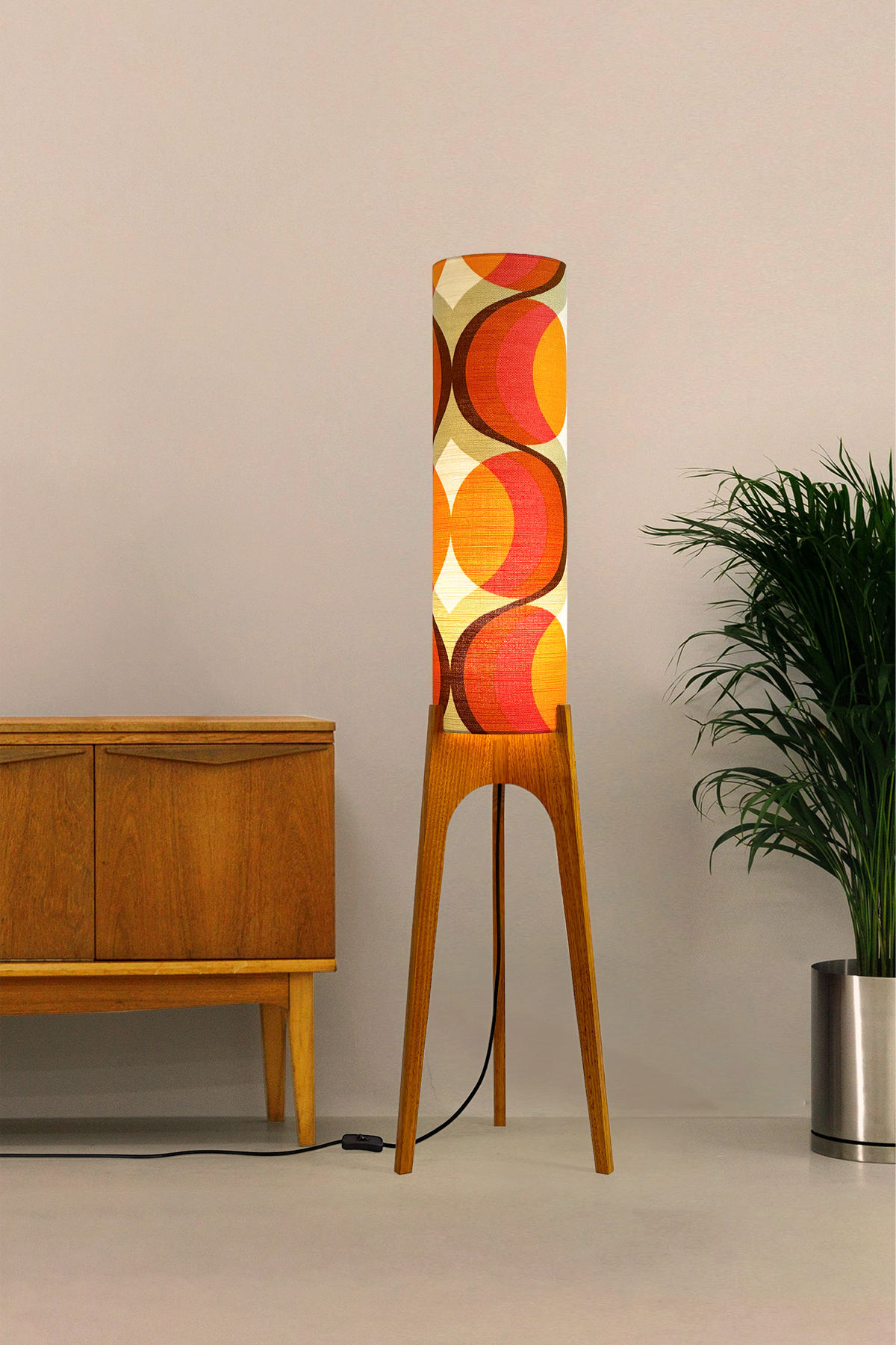 Gigi - Handcrafted wooden Rocket floor lamp with a unique design, handmade lampshade from 70's vintage fabric in Orange, Pink & Brown