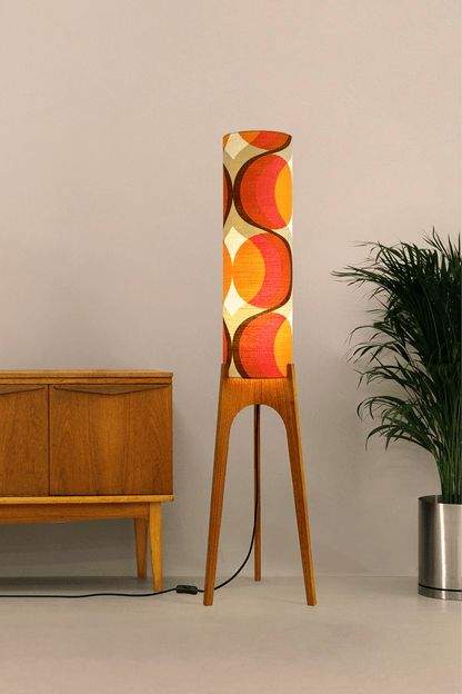 Gigi - Handcrafted wooden Rocket floor lamp with a unique design, handmade lampshade from 70's vintage fabric in Orange, Pink & Brown