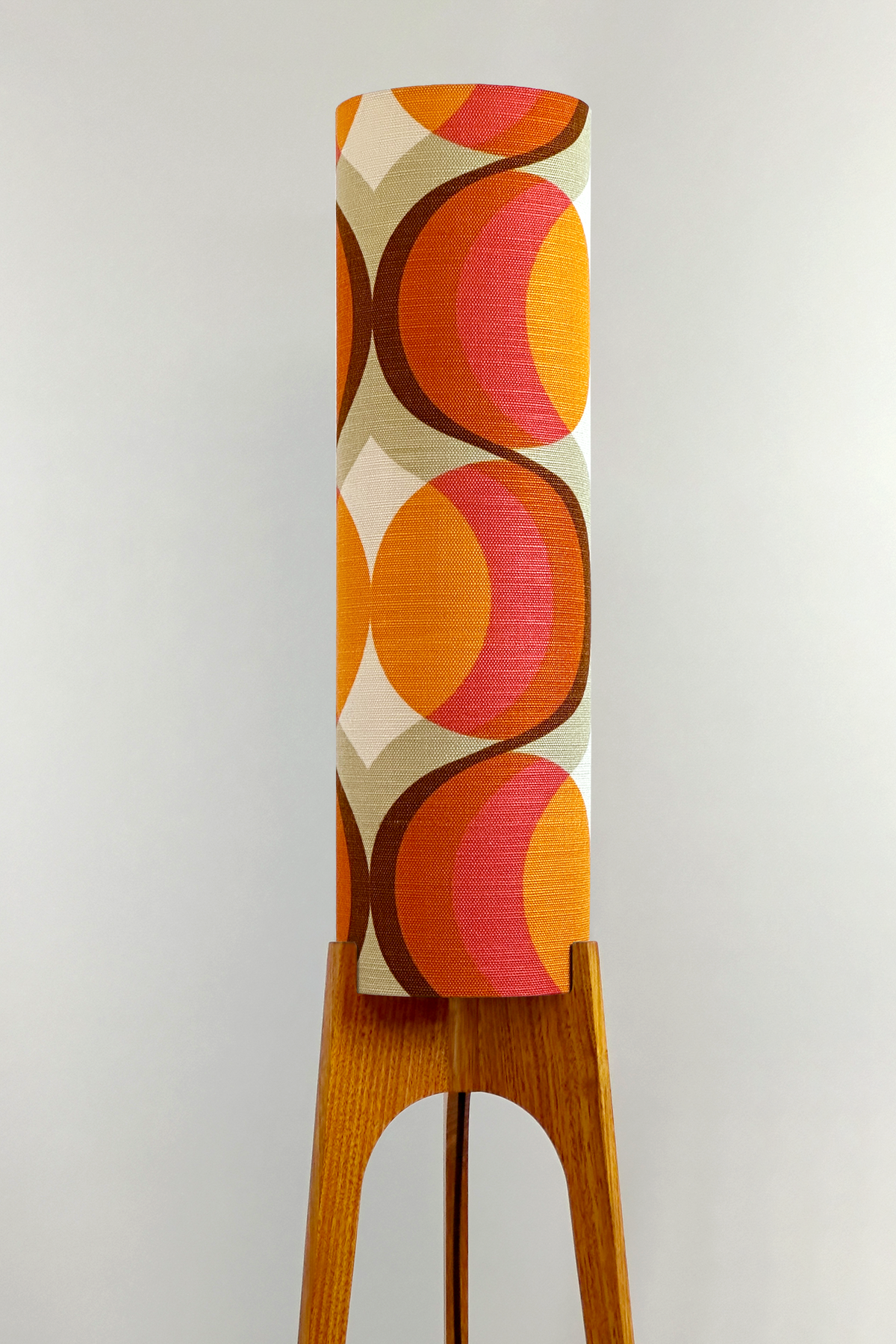 Gigi - Handcrafted wooden Rocket floor lamp with a unique design, handmade lampshade from 70's vintage fabric in Orange, Pink & Brown