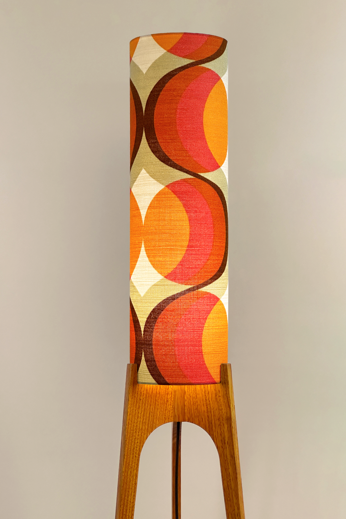 Gigi - Handcrafted wooden Rocket floor lamp with a unique design, handmade lampshade from 70's vintage fabric in Orange, Pink & Brown