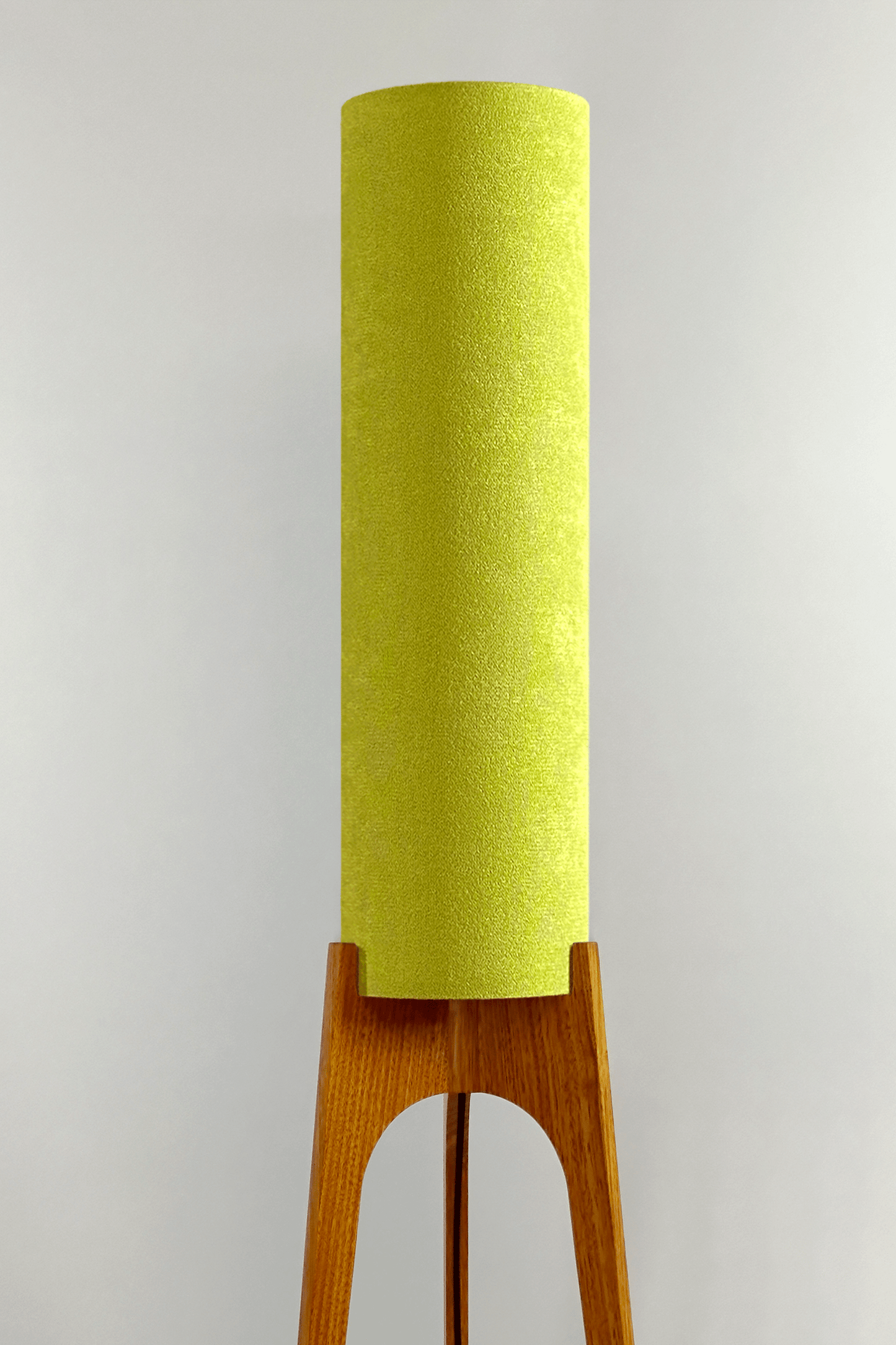Handmade Archie Rocket Floor Lamp with a cylindrical lampshade in Avocado &  a wooden base.