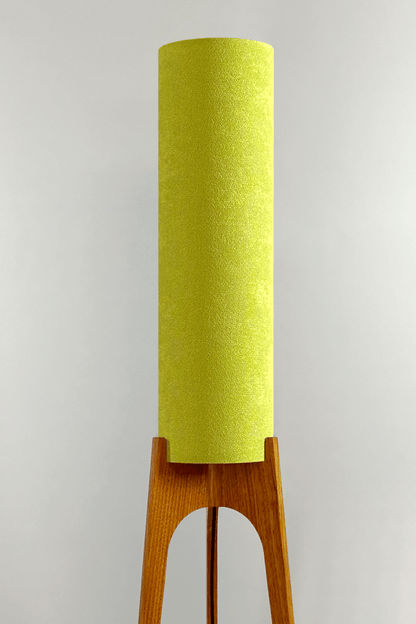 Handmade Archie Rocket Floor Lamp with a cylindrical lampshade in Avocado &  a wooden base.