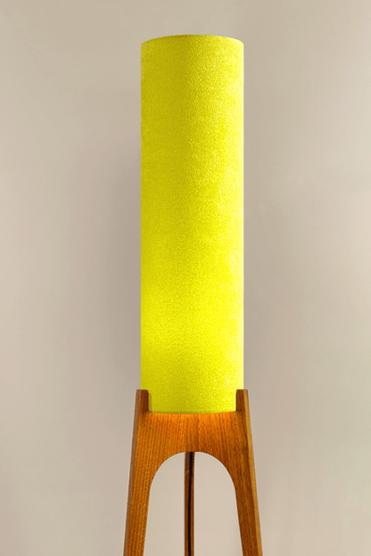 Handmade Archie Rocket Floor Lamp with a cylindrical lampshade in Avocado &  a wooden base.