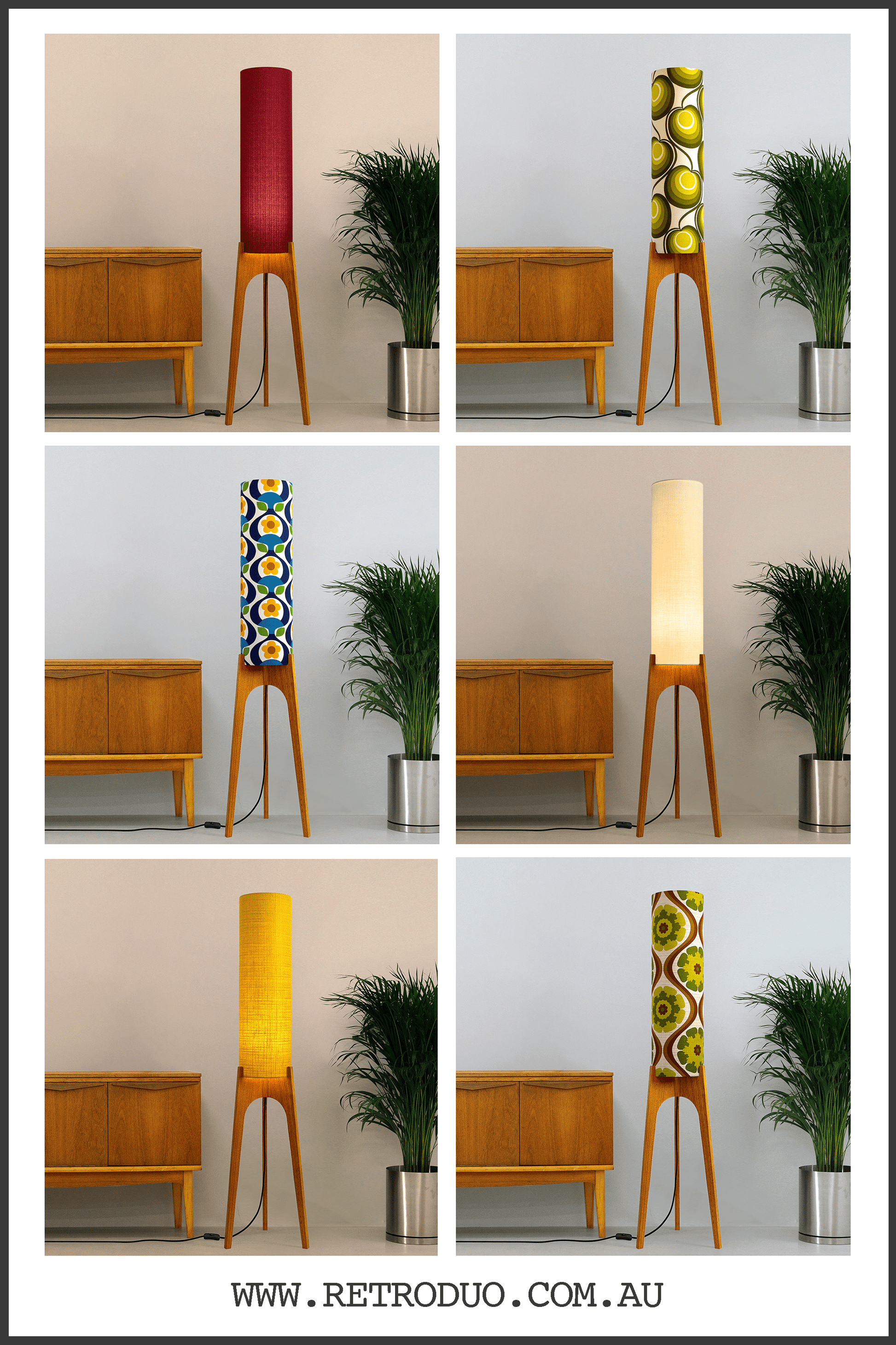 Collage of Archie Rocket Floor lamp collections with a geometric design in various settings.