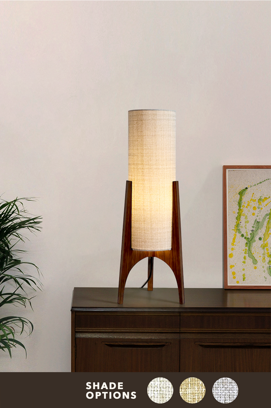 Archie Rocket Table lamp with wooden base and recycled fabric shade in Beige palette