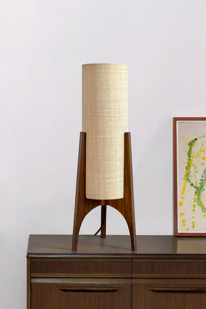 Archie Rocket Table lamp with wooden base and recycled fabric shade in Beige palette