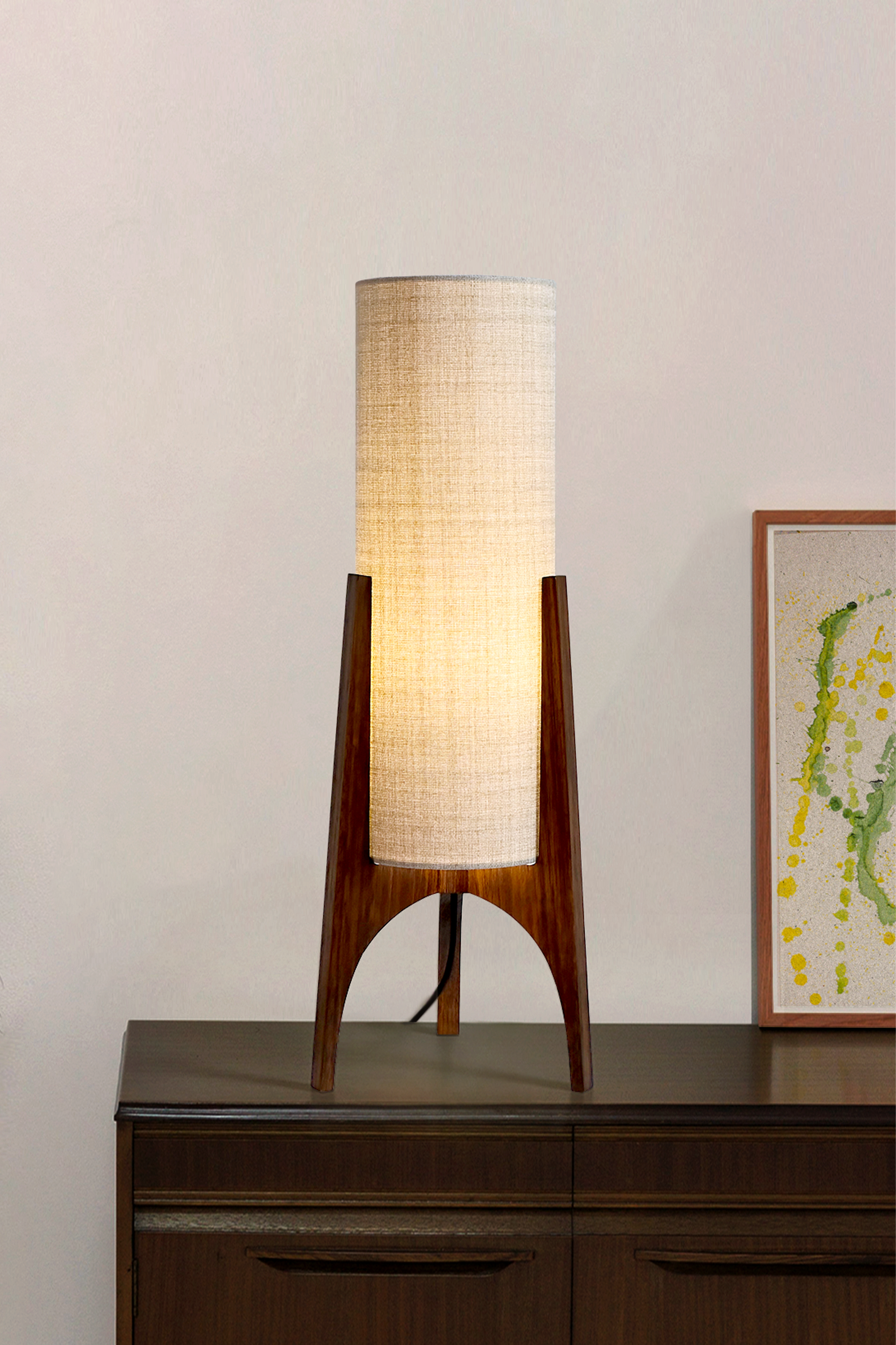 Archie Rocket Table lamp with wooden base and recycled fabric shade in Beige palette
