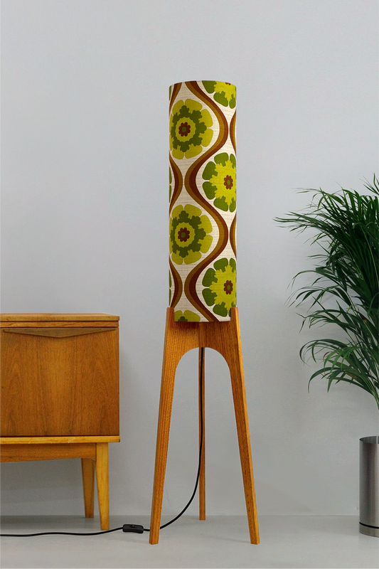 Jacob - Tall Wooden rocket floor lamp with a handmade lampshade in vintage geometric patterned fabric on a plain background