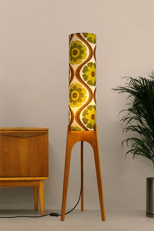 Jacob - Tall Wooden rocket floor lamp with a handmade lampshade in vintage geometric patterned fabric on a plain background