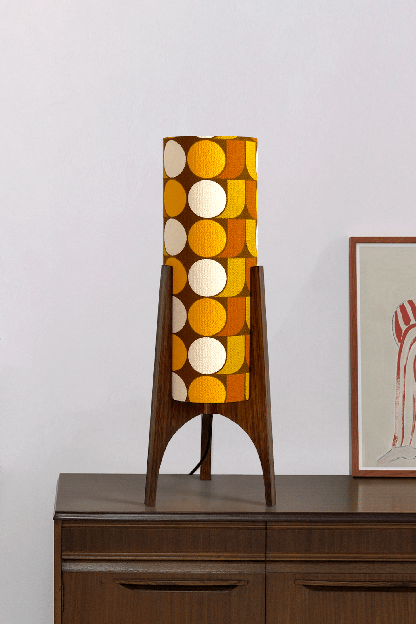 June - Handmade Archie Rocket Table lamp with a vintage geometric patterned fabric shade in yellow, brown and mustard tones, paired with a wooden base