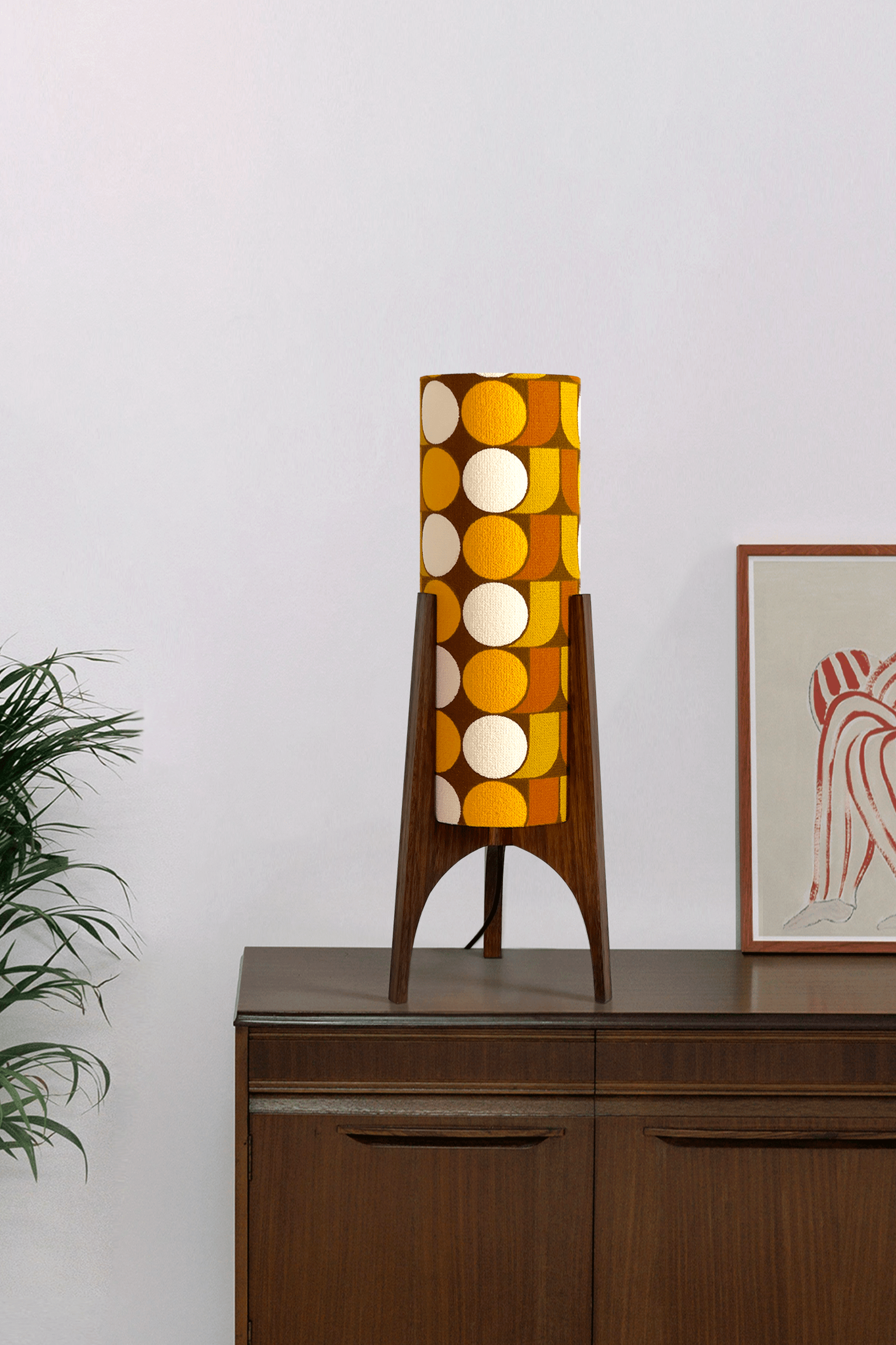 June - Handmade Archie Rocket Table lamp with a vintage geometric patterned fabric shade in yellow, brown and mustard tones, paired with a wooden base