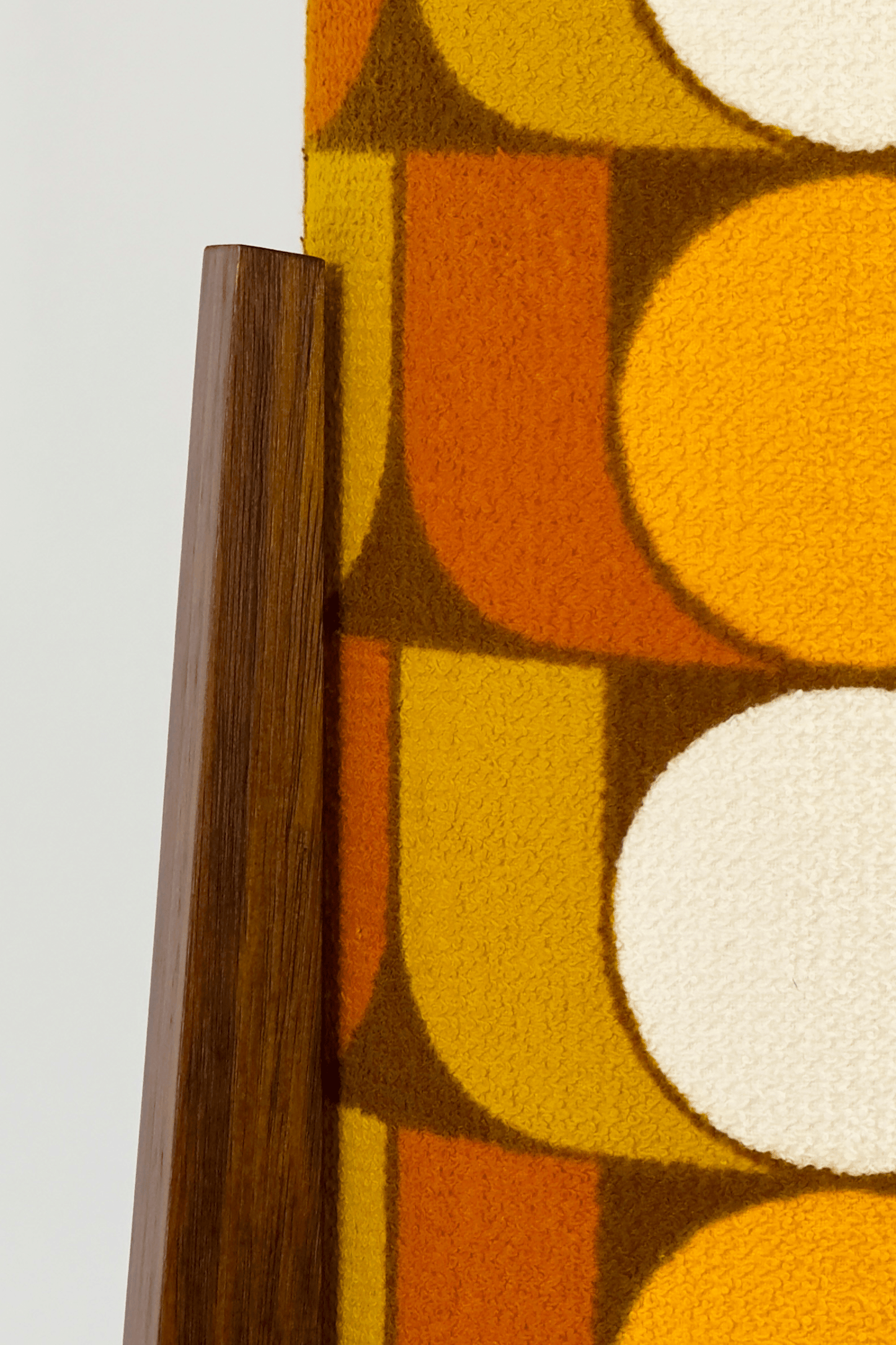 June - Handmade Archie Rocket Table lamp with a vintage geometric patterned fabric shade in yellow, brown and mustard tones, paired with a wooden base
