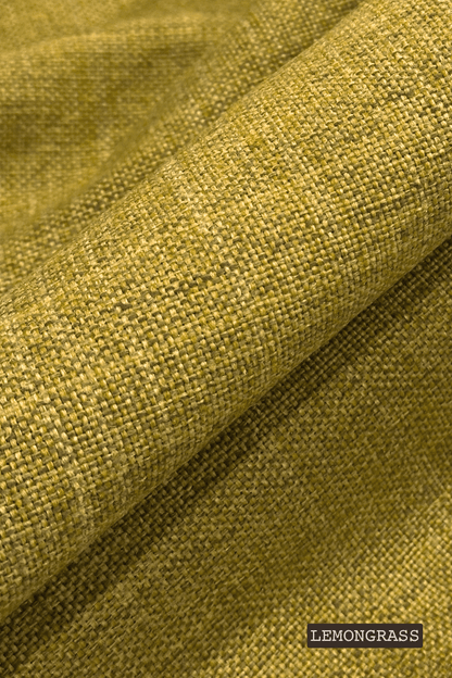 Close-up of green fabric with 'Lemongrass' label