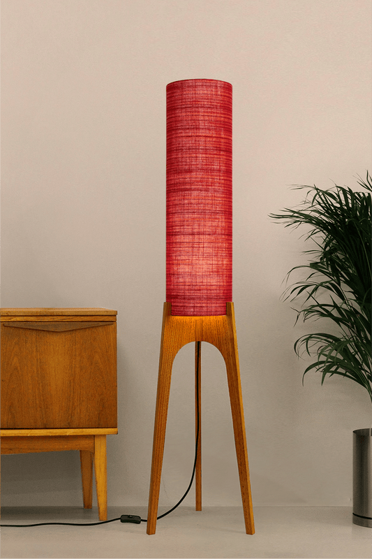 Rocket Floor Lamp with Red Open Weave lampshade, recycled from vintage curtains, with a wooden lamp base on a neutral background