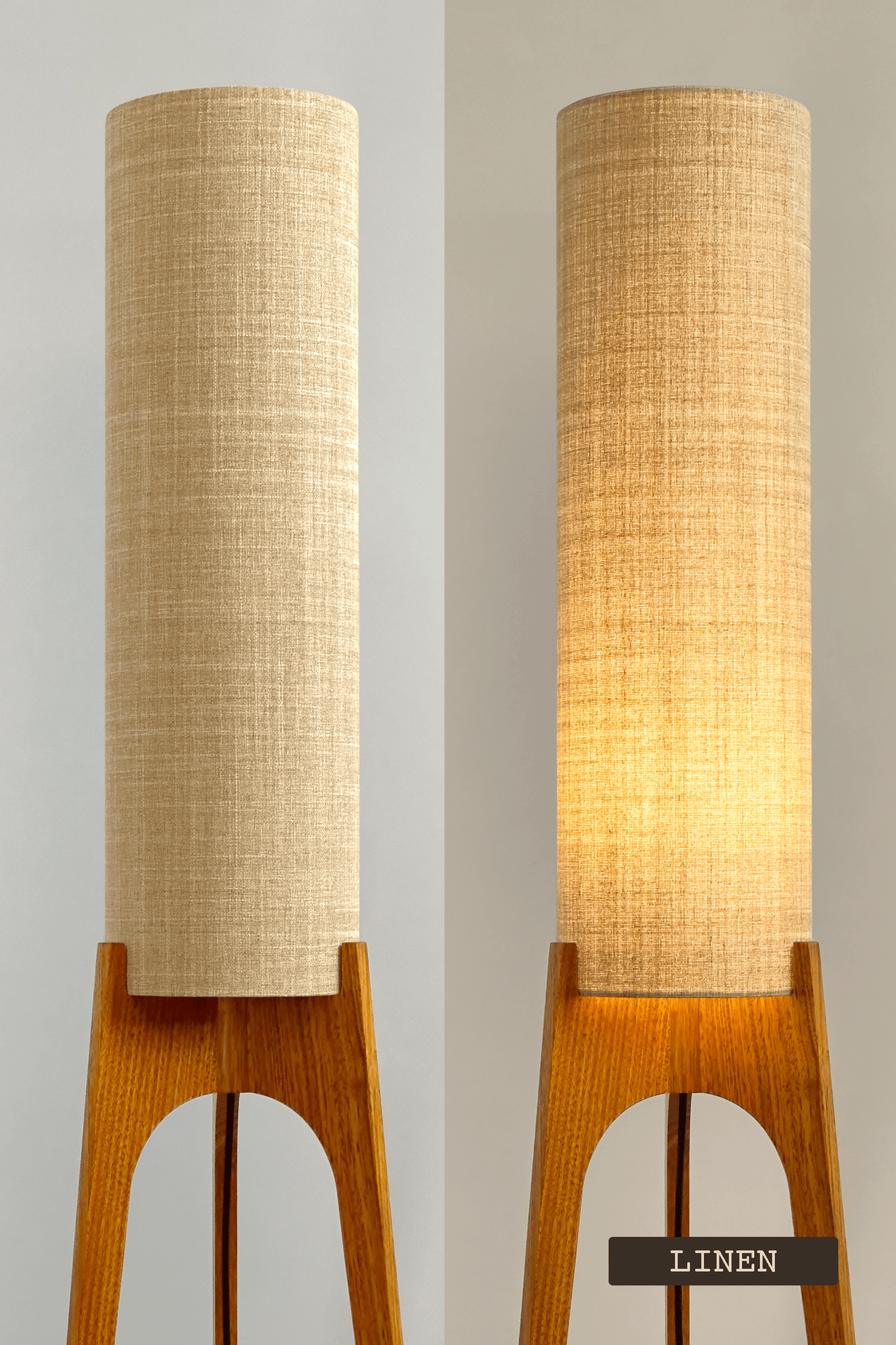 Two floor lamps with beige cylindrical shades on a plain background - Shade Colour: Linen
