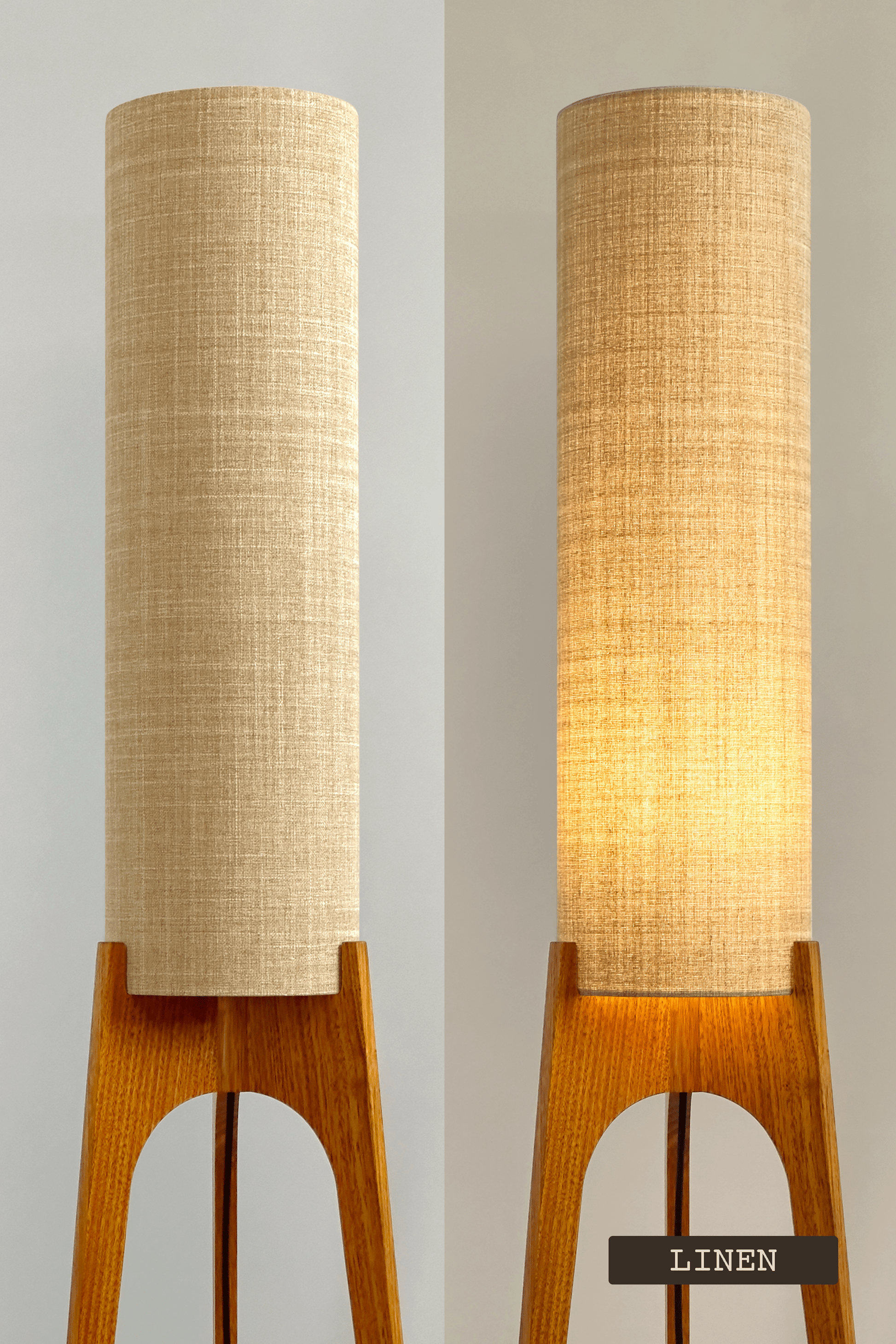 Two floor lamps with beige cylindrical shades on a plain background - Shade Colour: Linen