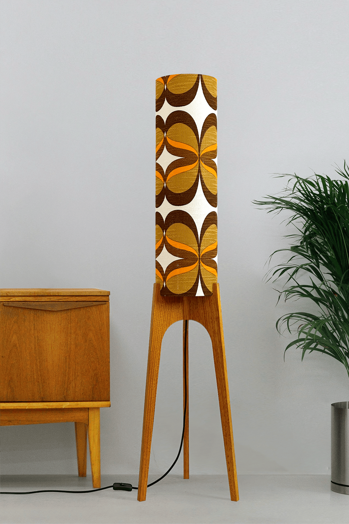 Lola - Handcrafted wooden Rocket floor lamp with a unique design, handmade lampshade from 70's vintage fabric in mustard and brown.