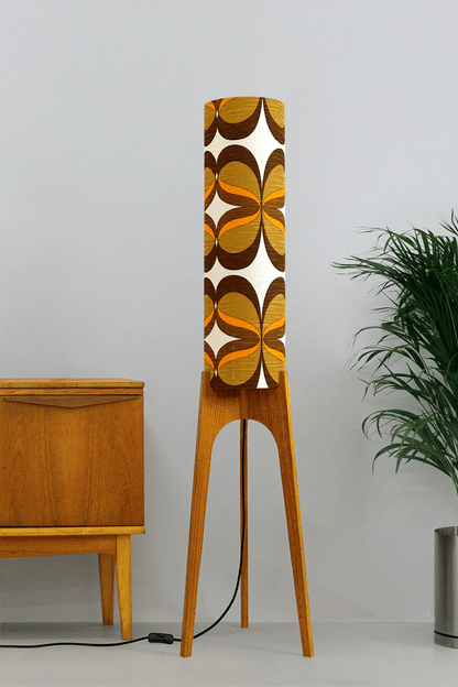 Lola - Handcrafted wooden Rocket floor lamp with a unique design, handmade lampshade from 70's vintage fabric in mustard and brown.