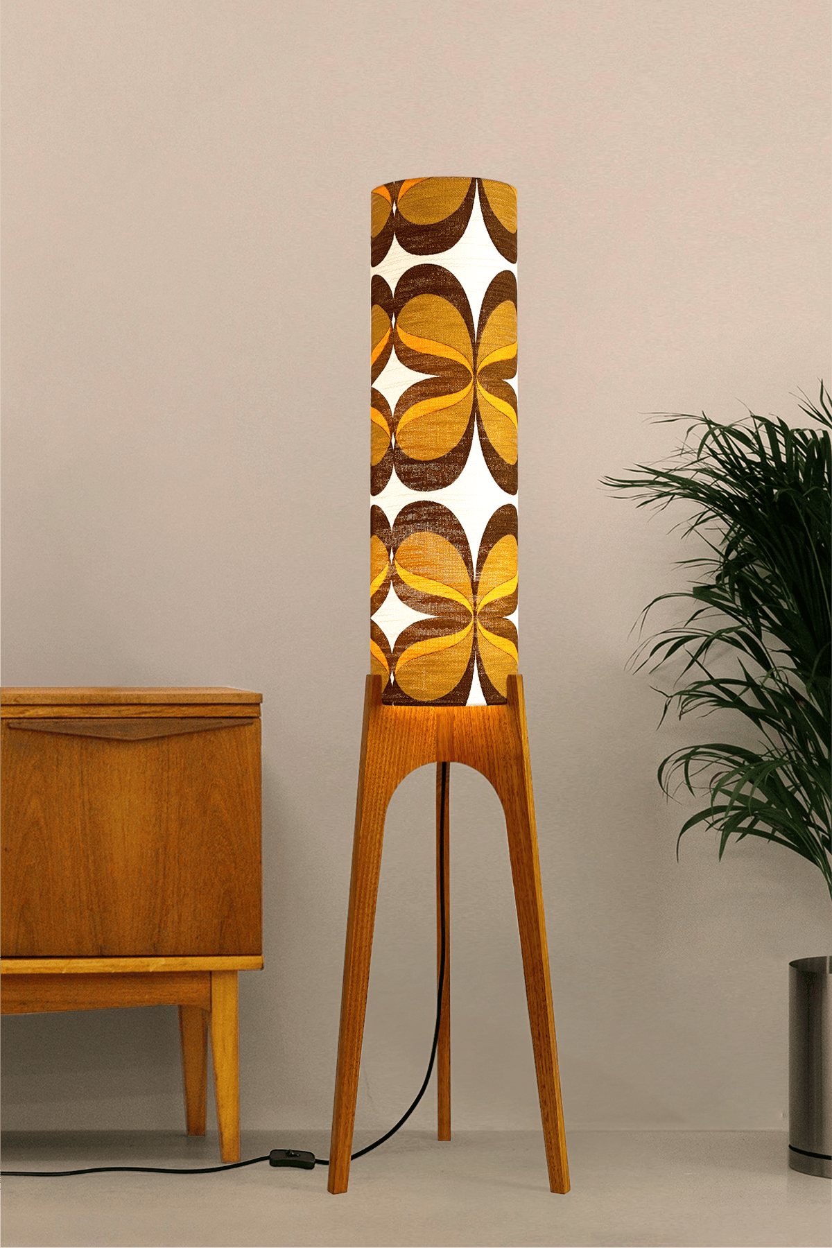 Lola - Handcrafted wooden Rocket floor lamp with a unique design, handmade lampshade from 70's vintage fabric in mustard and brown.