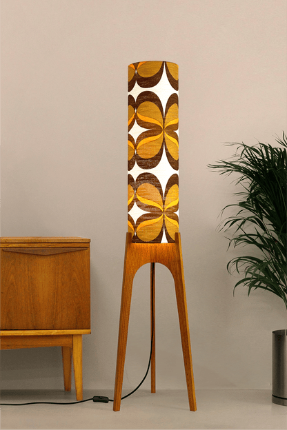 Lola - Handcrafted wooden Rocket floor lamp with a unique design, handmade lampshade from 70's vintage fabric in mustard and brown.