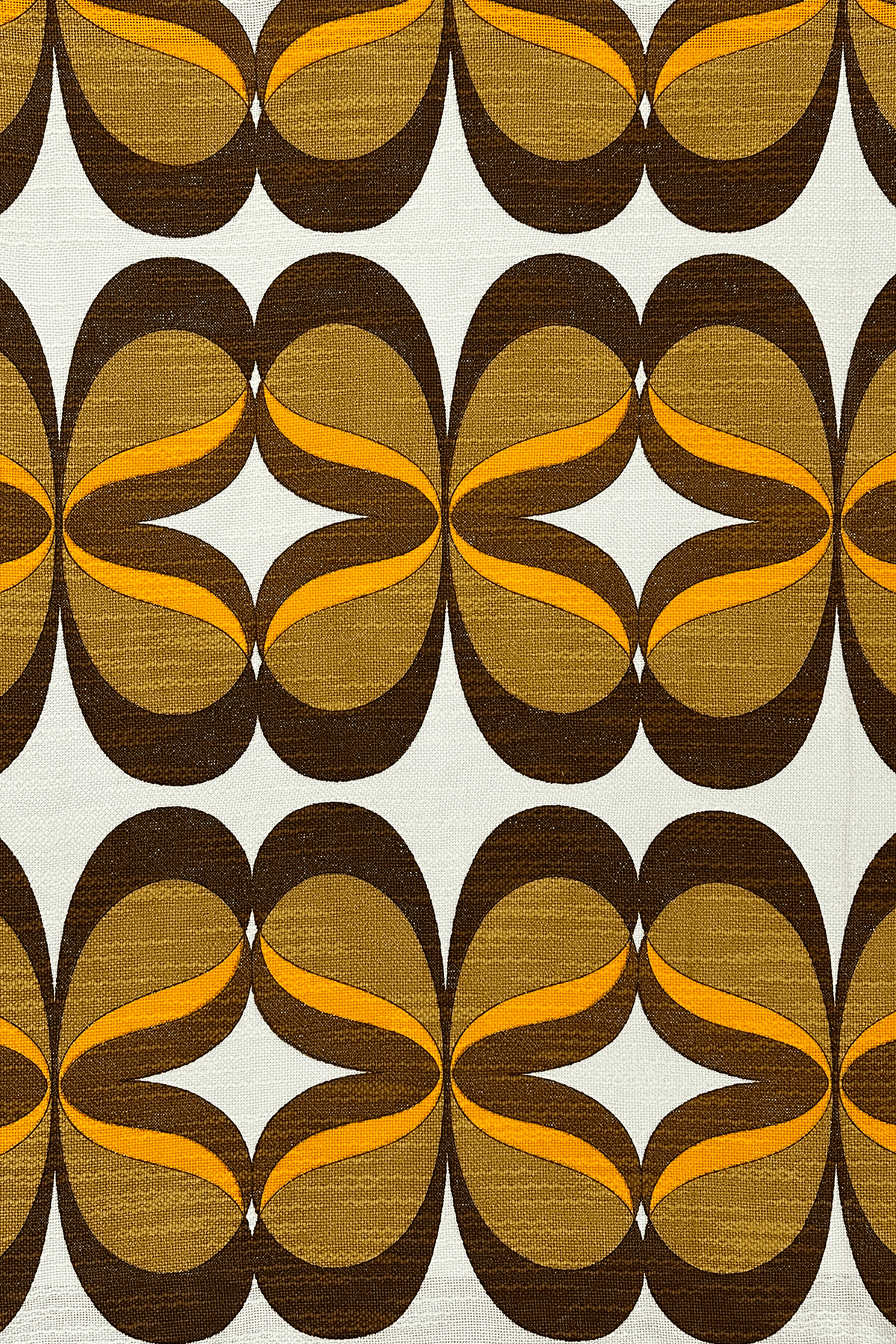 authentic 1970s vintage woven fabric, featuring a flowing retro pattern in chocolate brown, caramel and orange.