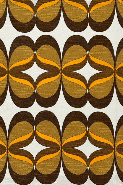 authentic 1970s vintage woven fabric, featuring a flowing retro pattern in chocolate brown, caramel and orange.