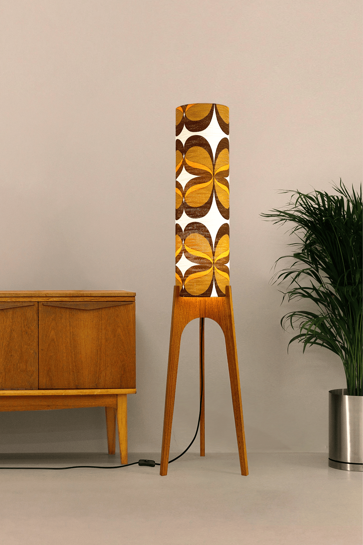 Lola - Handcrafted wooden Rocket floor lamp with a unique design, handmade lampshade from 70's vintage fabric in mustard and brown.