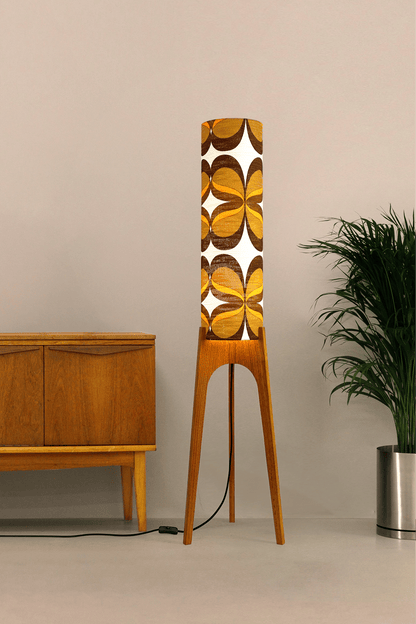 Lola - Handcrafted wooden Rocket floor lamp with a unique design, handmade lampshade from 70's vintage fabric in mustard and brown.