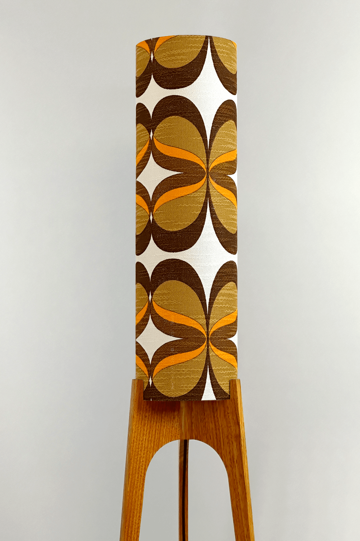 Lola - Handcrafted wooden Rocket floor lamp with a unique design, handmade lampshade from 70's vintage fabric in mustard and brown.