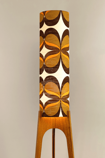 Lola - Handcrafted wooden Rocket floor lamp with a unique design, handmade lampshade from 70's vintage fabric in mustard and brown.