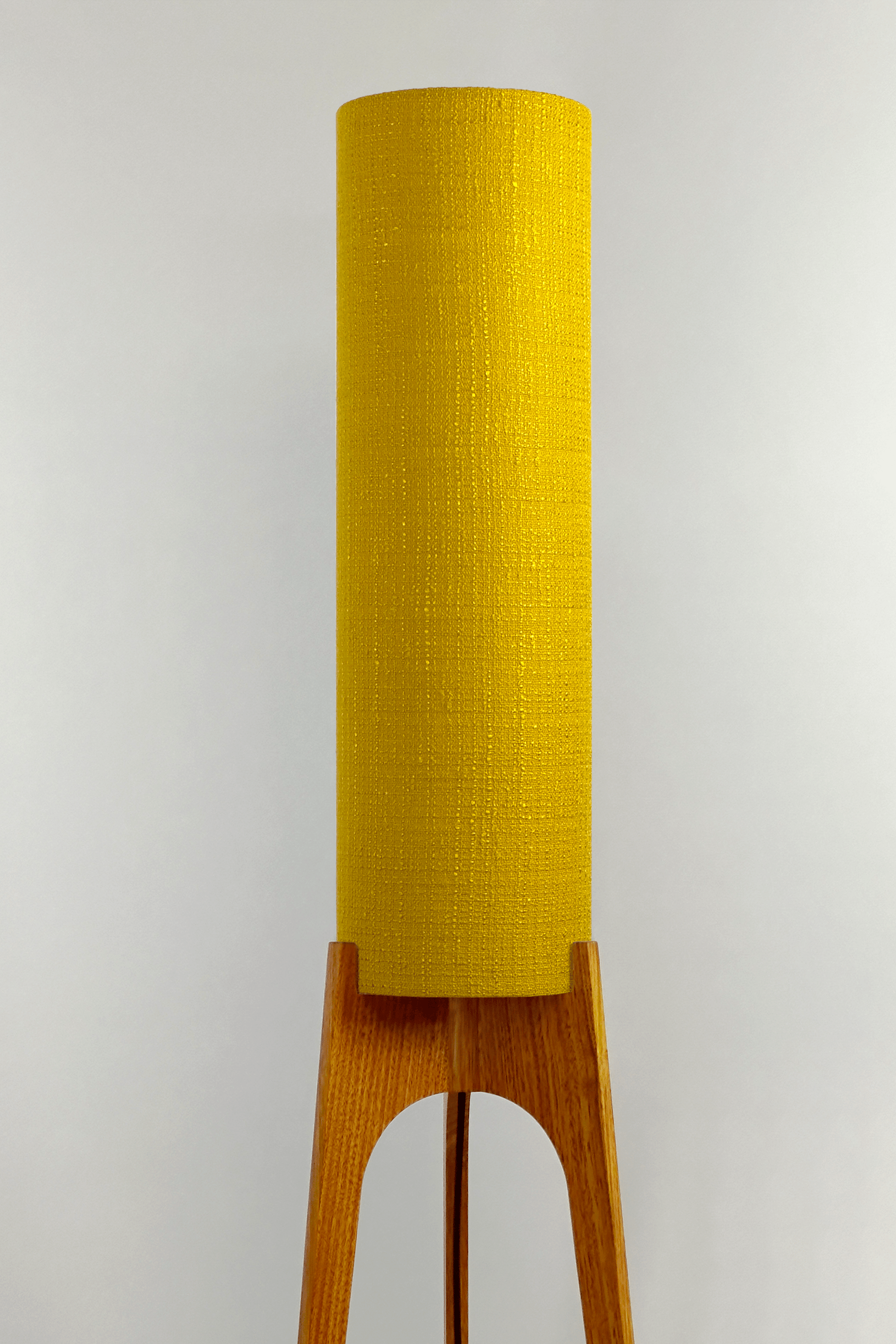 Wooden floor lamp with a yellow handmade lampshade in vintage woven fabric 