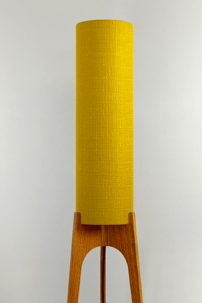 Wooden floor lamp with a yellow handmade lampshade in vintage woven fabric 