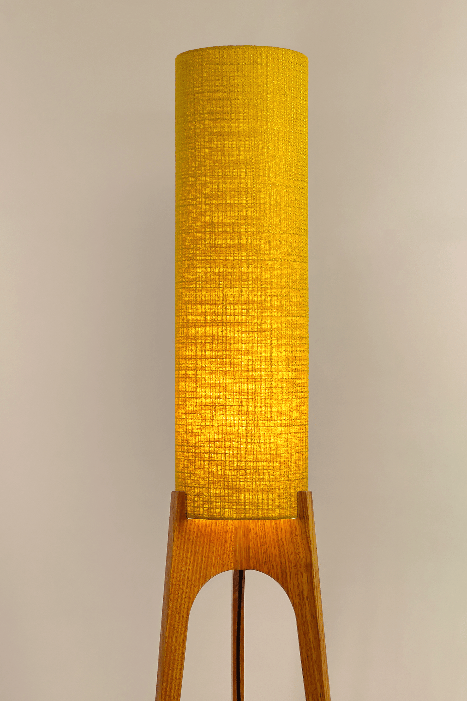 Wooden floor lamp with a yellow handmade lampshade in vintage woven fabric 